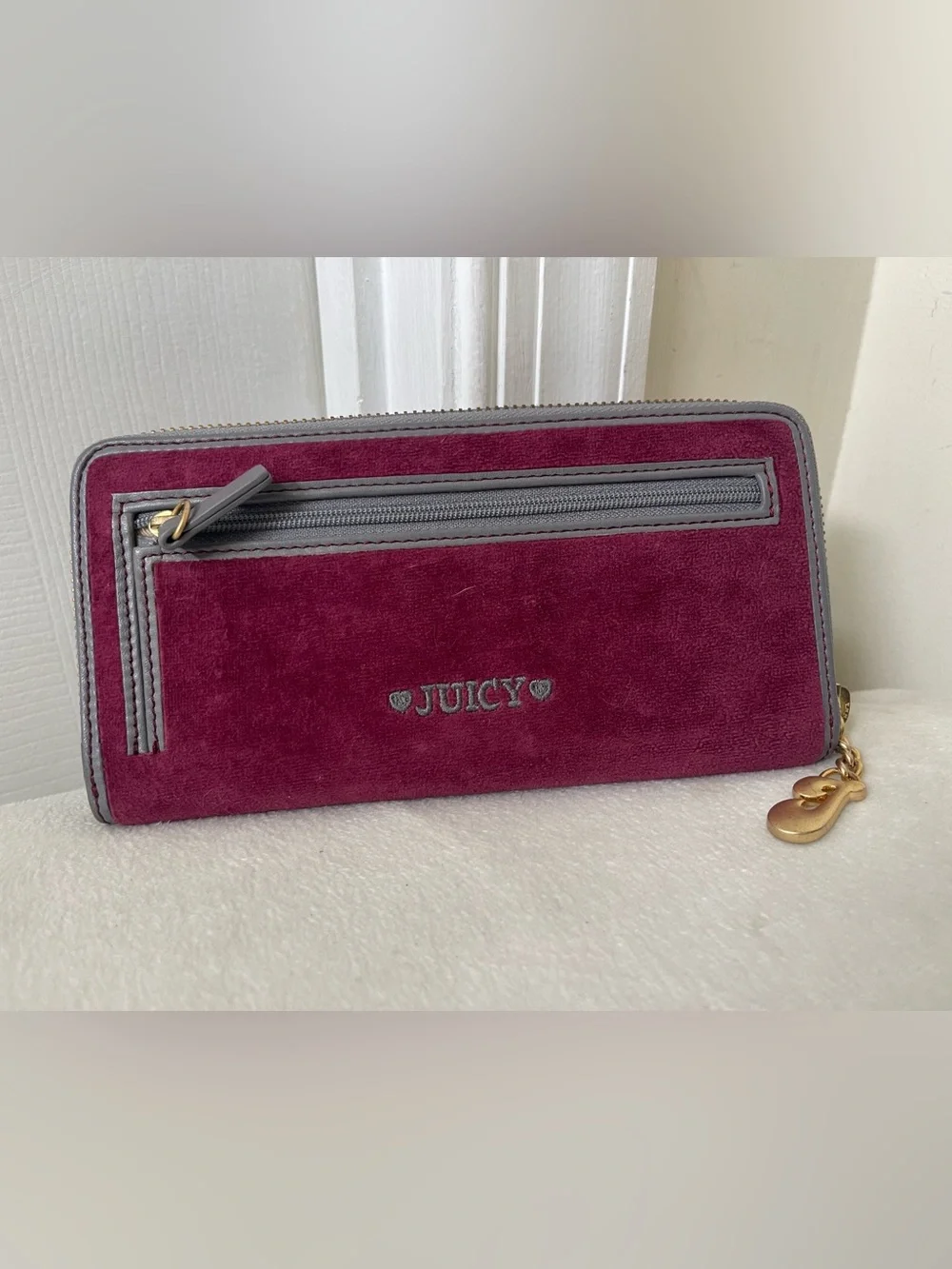 Juicy Couture Vintage Plum Suede Juicy Girl Zip Wallet with Gold Charm